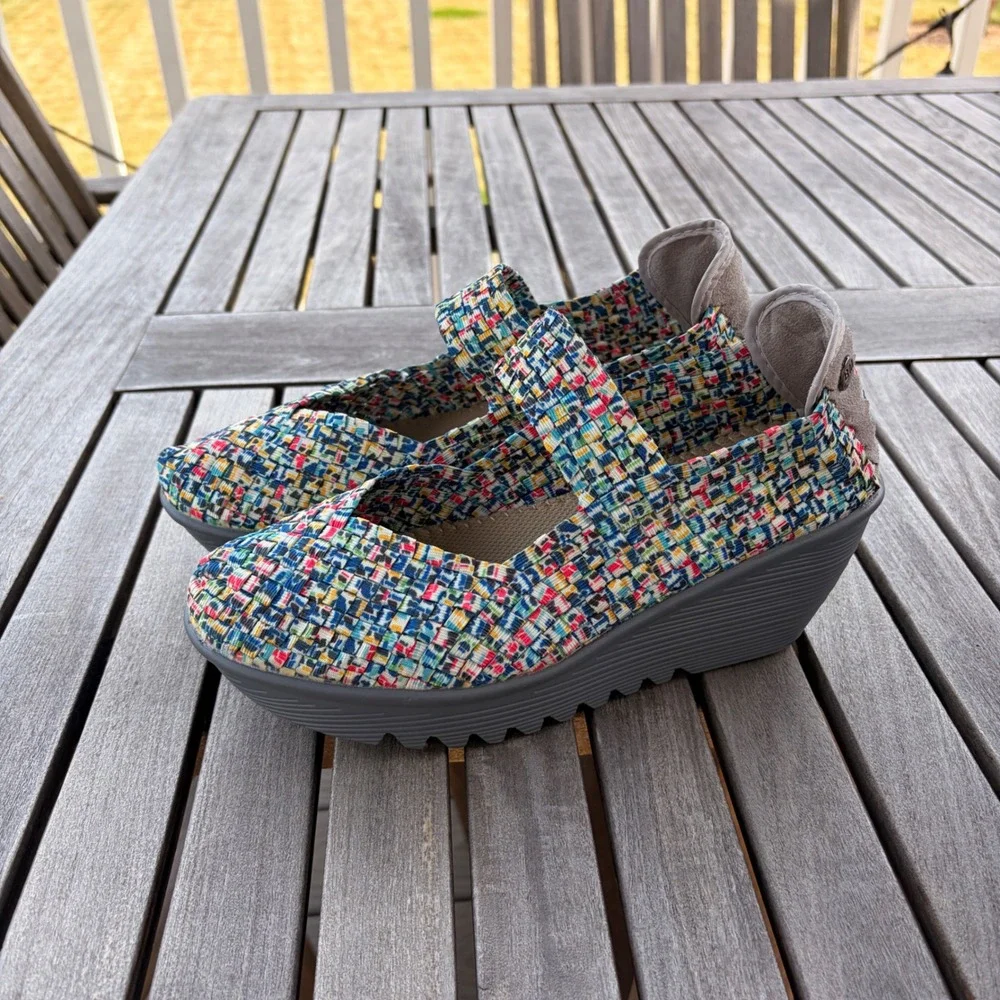 BERNIE MEV Lulia Wedge 39  Mary Jane Woven Elastic Multicolor Blue Gray Cottage